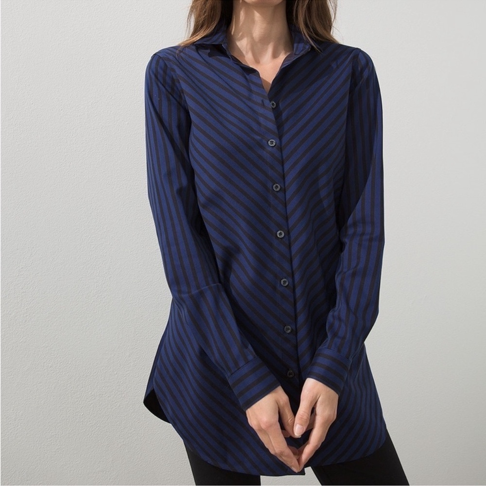 CHICOS No Iron Stretch Imperial Stripe Tunic Button Down Dress Shirt 2 (12)